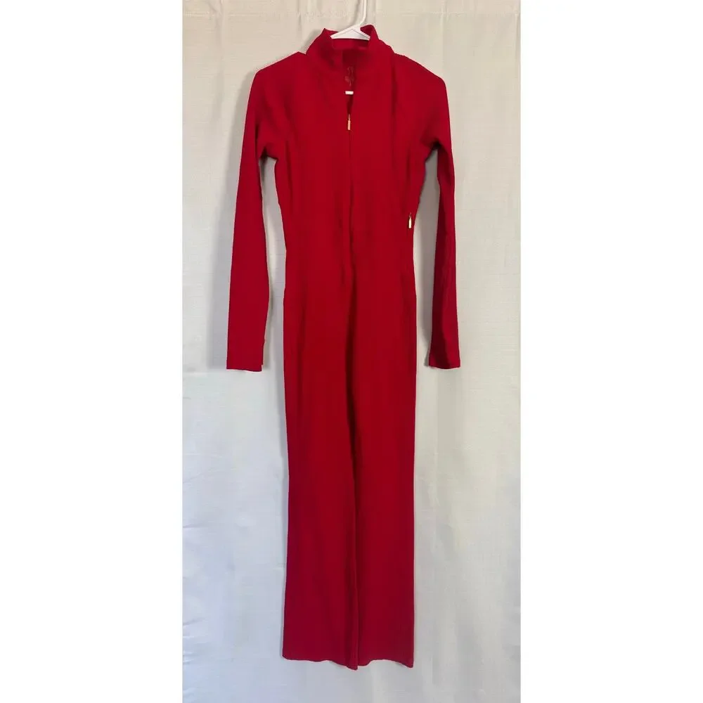 Athleta Alicia Keys Red Ribbed Jumpsuit Zip Front One Piece S - Picture 2 of 5